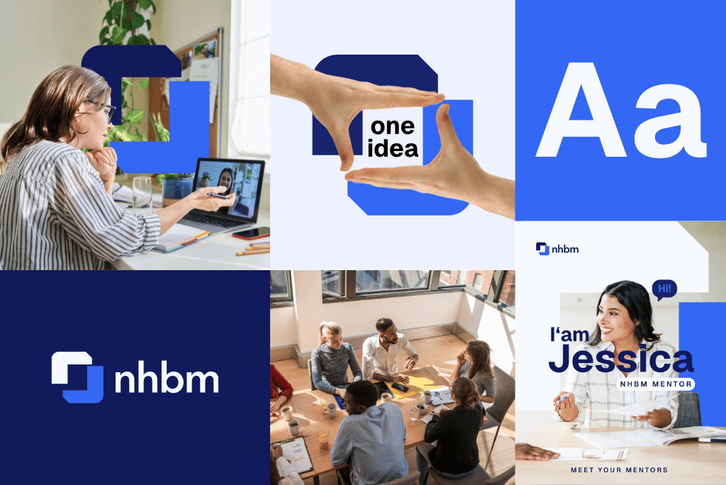 Collage of nhbm brand elements: logo, typography, color blocks and mentor photography