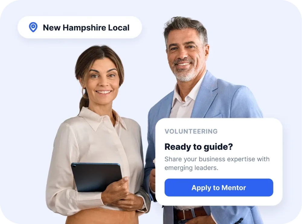 Two mentors, tagged as New Hampshire locals, with a call to apply to mentor
