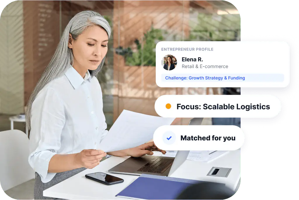 A business owner's profile with her challenge and focus area