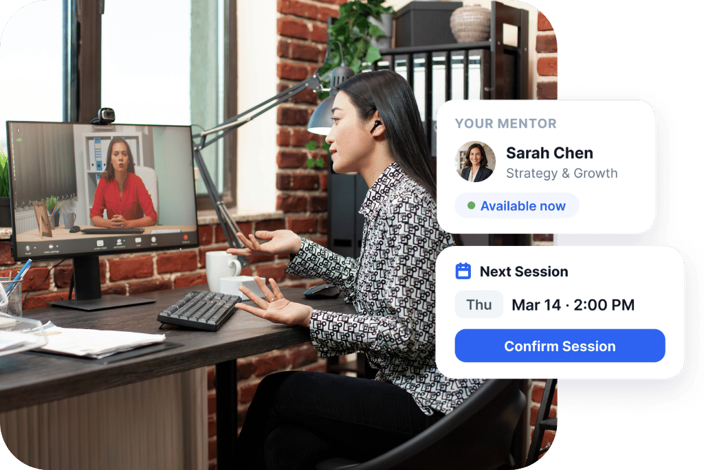 A business owner meets her mentor on a video call and confirms the next session